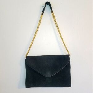 J. Crew Black Suede Minimalist Envelope Shoulder Bag Purse with Gold Chain